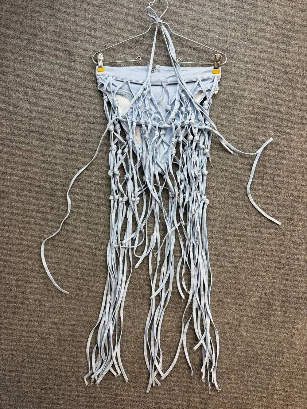 Women's Light Blue Denim Look Fringe Halter Set Size S Boho Festival